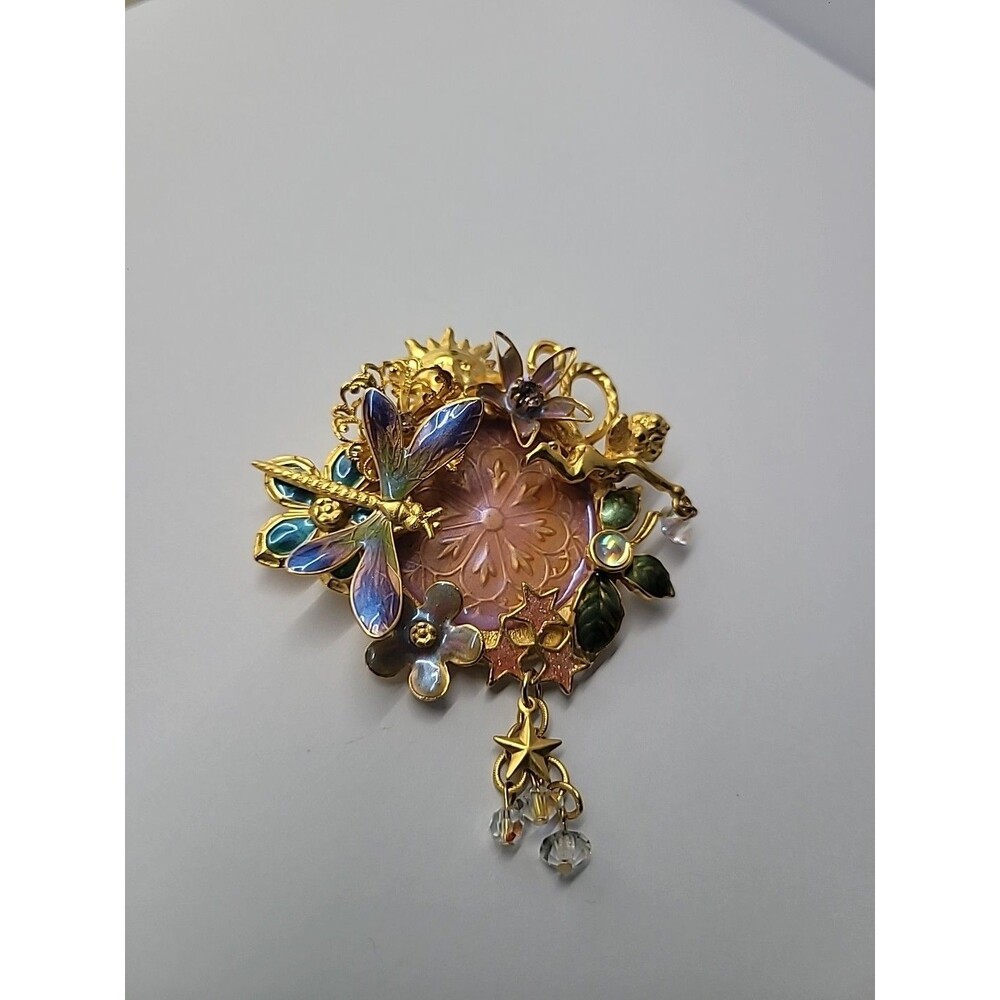 Vintage Kirks Folly Fairy Dragonfly Garden Brooch Iridescent Medallion Retired - Picture 2 of 16